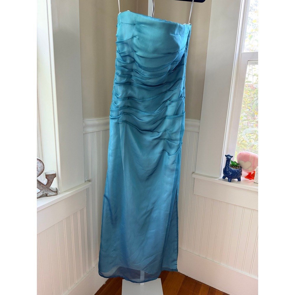 Kay Unger Blue Strapless Ruched Column Gown Side Slit Size 6 - Picture 2 of 15